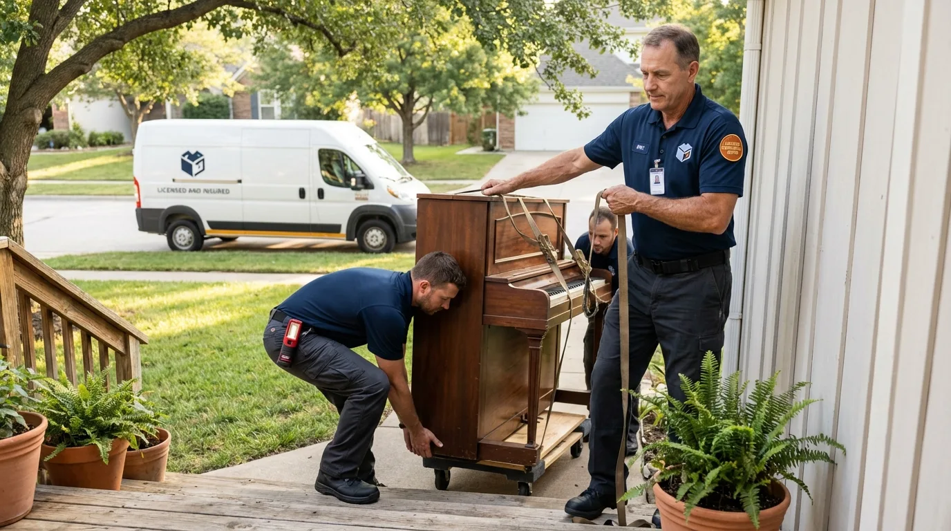Licensed piano movers securing grand piano in Chester, NY