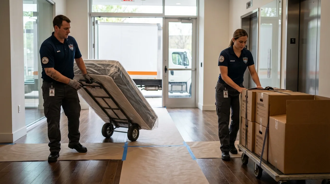 Professional apartment movers loading elevator in Chester, NY